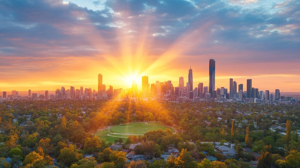 painting of a modern city birds eye view at sunset
